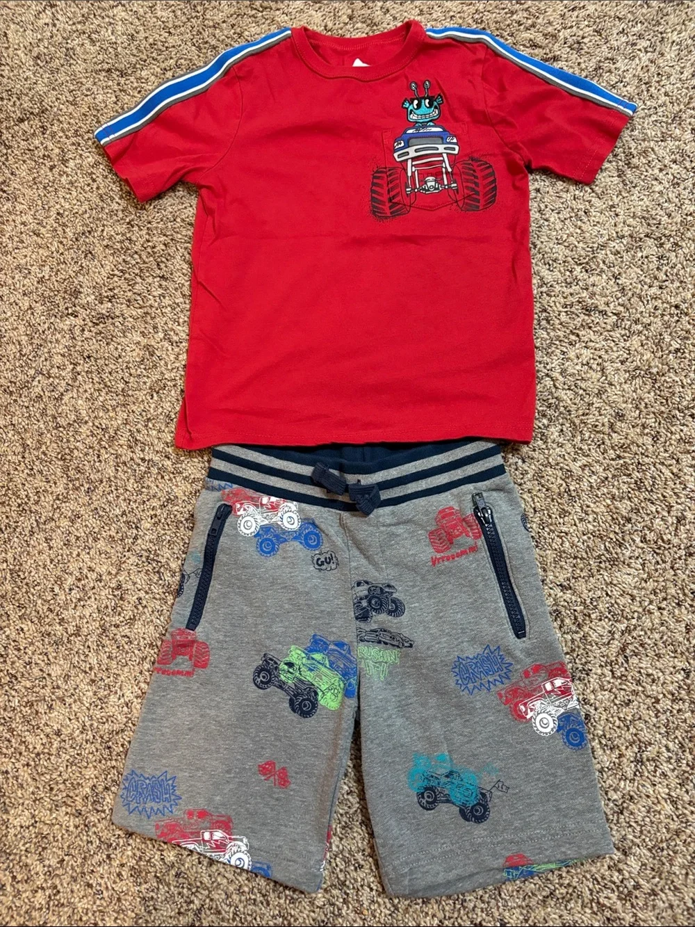 Red Monster Truck Tee and Gray Truck-Print Shorts Matching Set - Kids